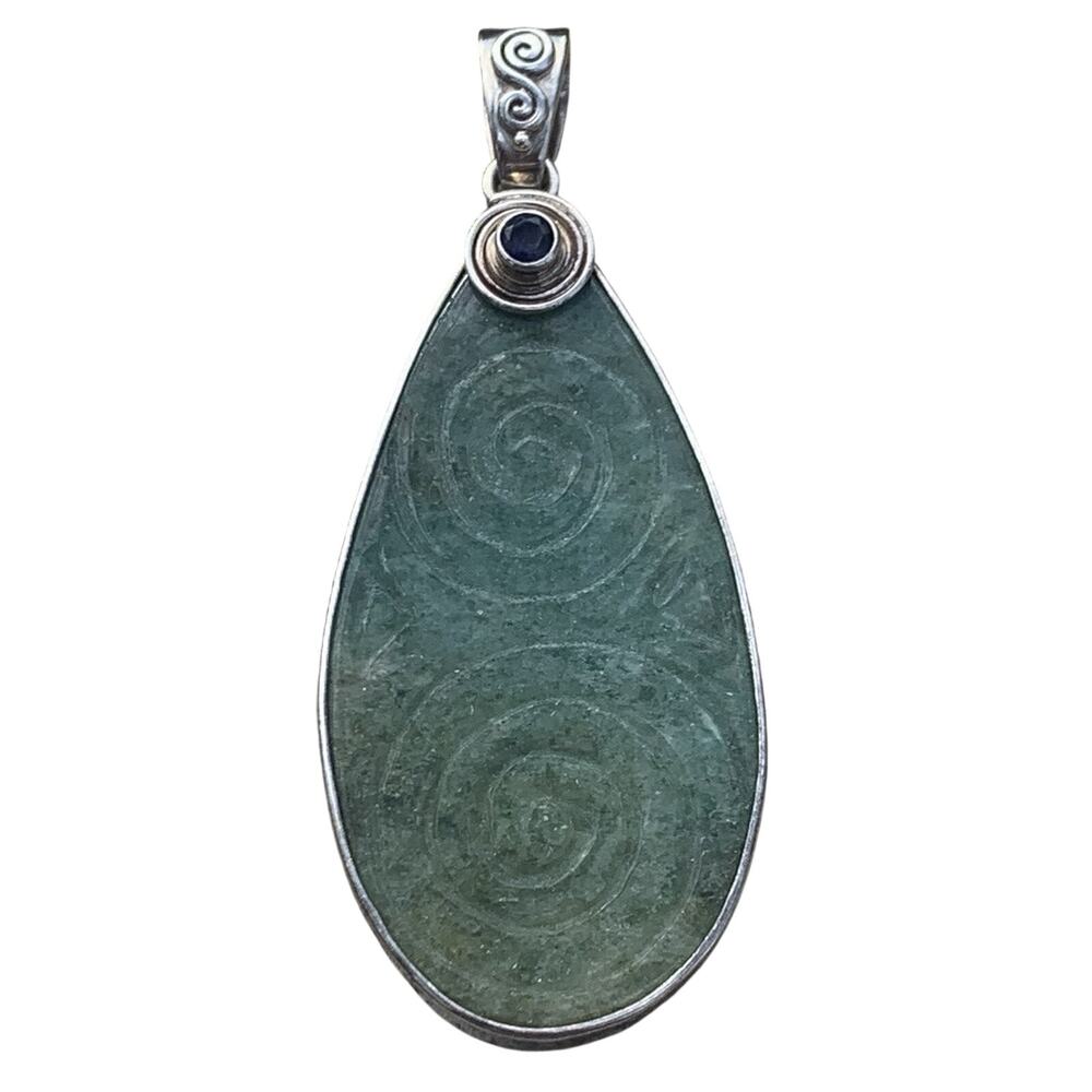 Sajen Pendant Sterling Silver, Tanzanite & Carved Green Jadeite Stone Large